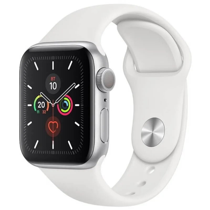 Apple Watch Series 5, 44 мм, алюминиевый корпус серебристого цвета, спортивный браслет белого цвета