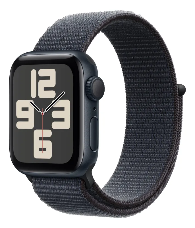 Apple Watch SE (2024), 44 мм, корпус из алюминия цвета «полуночный черный», спортивный ремешок Loop темно-синего цвета
