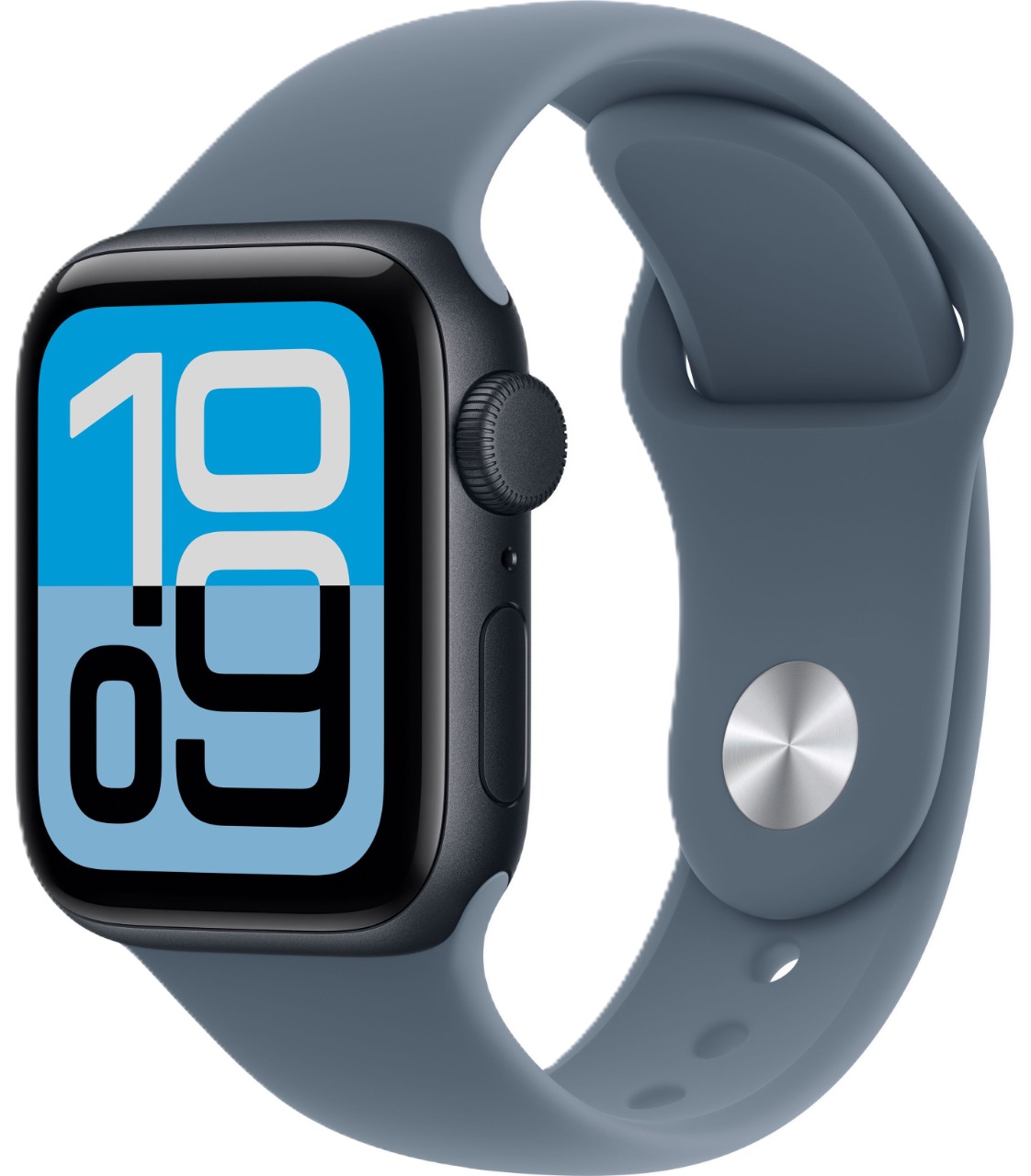 Apple Watch SE (2025), 40 мм, корпус из алюминия цвета «полуночный черный», спортивный ремешок цвета «якорный синий»