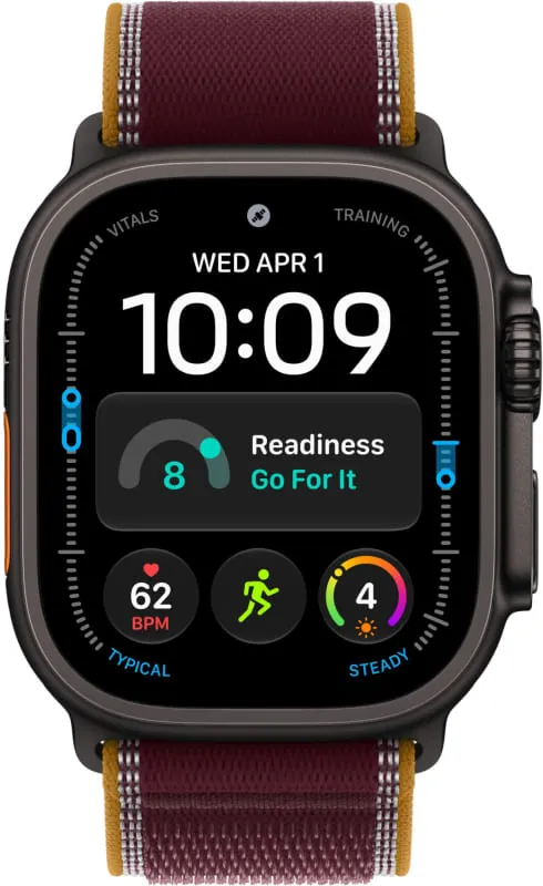 Apple Watch Ultra 4 GPS + Cellular, 49 мм, корпус из чёрного титана, ремешок Trail цвета «бургунди»