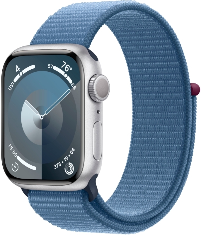 Apple Watch Series 9, 45 мм, корпус из алюминия серебристого цвета, спортивный ремешок Loop цвета «грозовой синий»