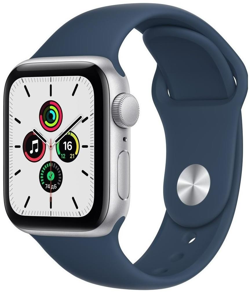 Apple Watch SE, 44 мм, корпус из алюминия серебристого цвета, спортивный браслет цвета «тёмный ультрамарин»