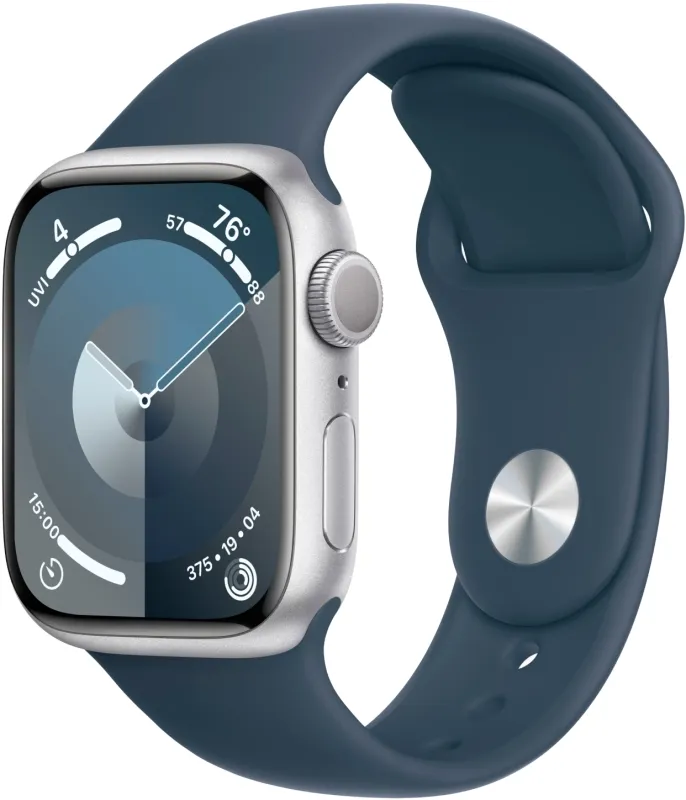 Apple Watch Series 9, 45 мм, корпус из алюминия серебристого цвета, спортивный ремешок цвета «грозовой синий»