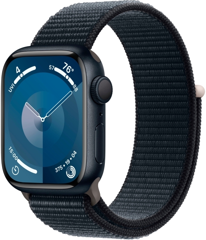 Apple Watch Series 9, 45 мм, корпус из алюминия цвета «темная ночь», спортивный ремешок Loop «темная ночь»