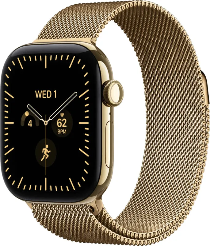 Apple Watch Series 12, 42 мм, корпус из титана цвета «Сияющее золото», ремешок Milanese цвета «Сияющее золото»
