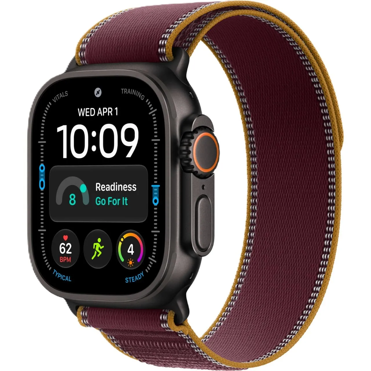 Apple Watch Ultra 4 GPS + Cellular, 49 мм, корпус из чёрного титана, ремешок Trail цвета «бургунди»