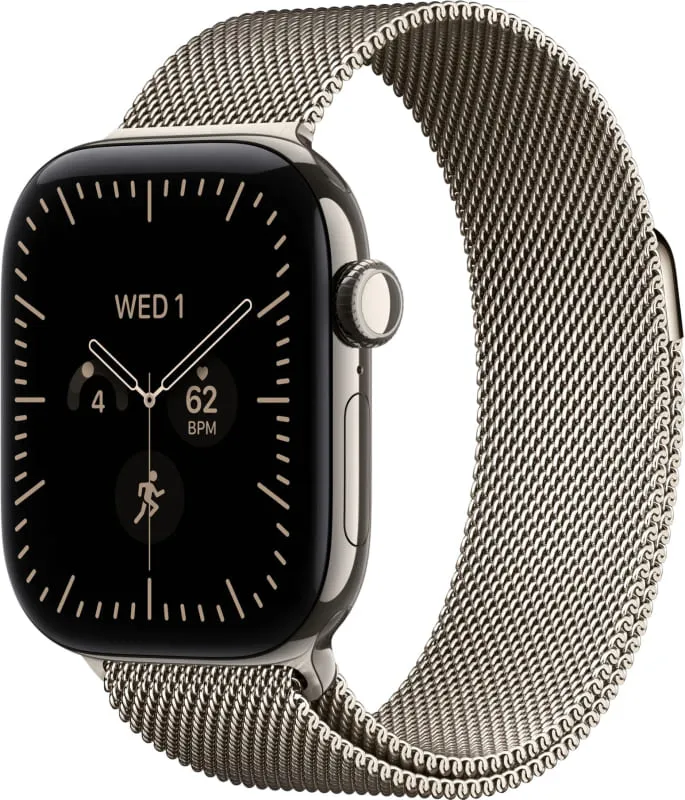 Apple Watch Series 12, 46 мм, корпус из титана, ремешок Milanese цвета «Натуральный титан»