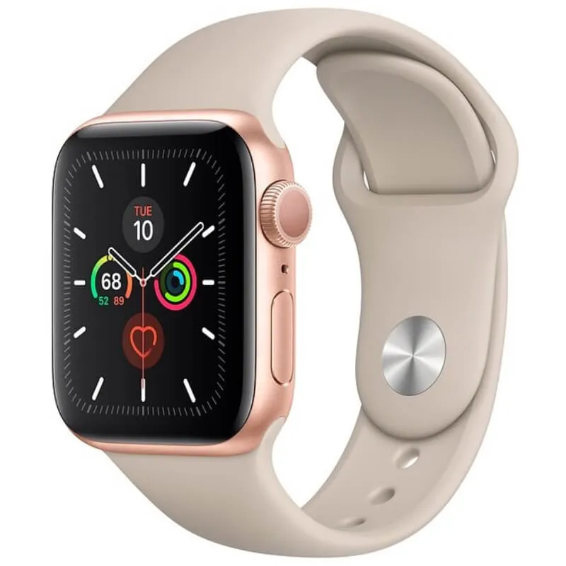 Apple Watch Series 5, 44 мм, алюминиевый корпус золотого цвета, спортивный браслет цвета «розовый песок»