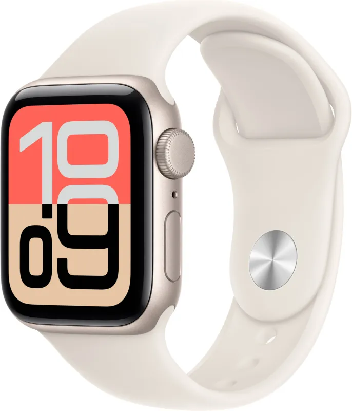 Apple Watch SE (2025), 40 мм, корпус из алюминия цвета «сияющая звезда», спортивный ремешок цвета «лёгкий румянец»