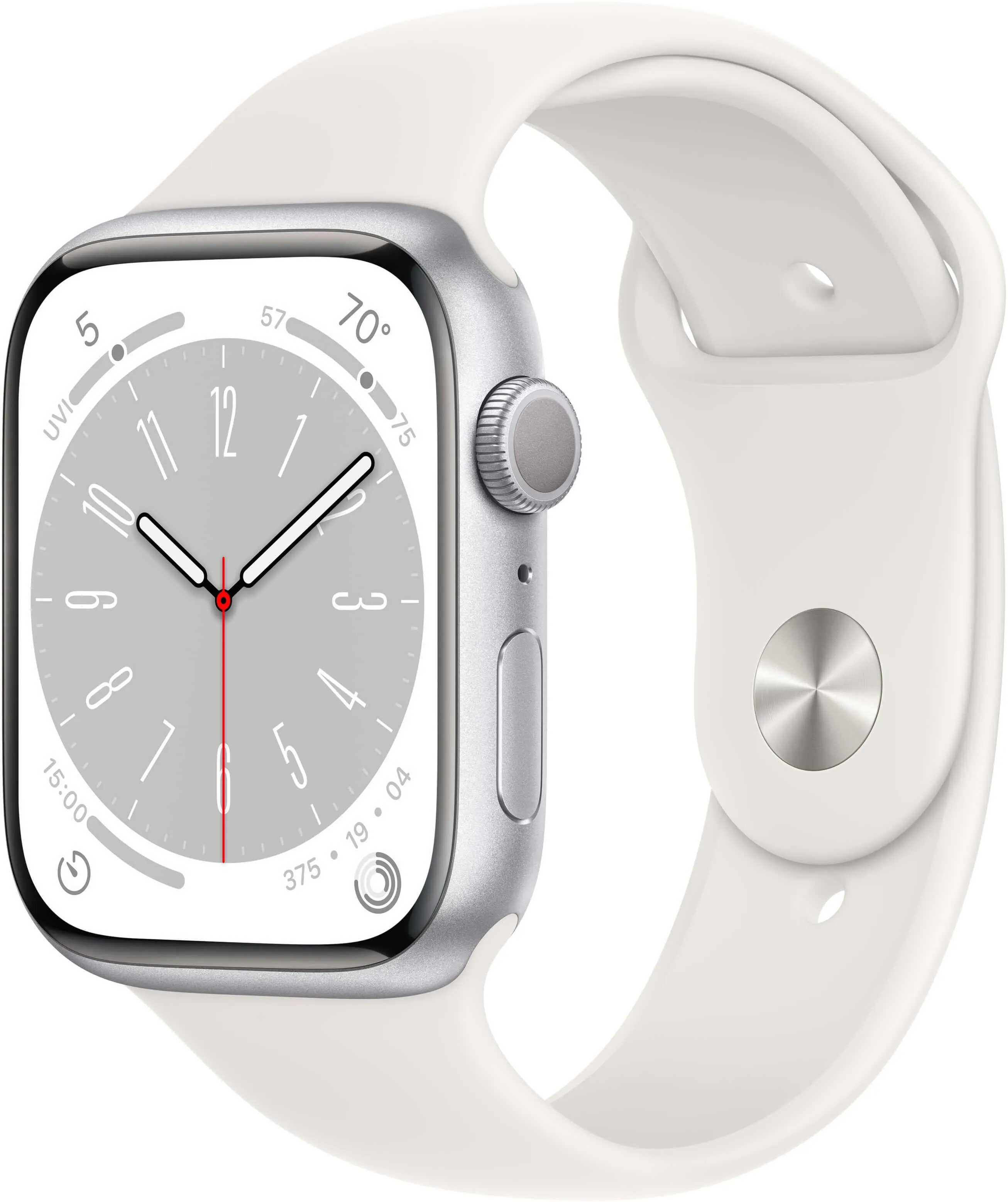 Apple Watch Series 8, 41 мм, корпус из алюминия серебристого цвета, спортивный ремешок белого цвета