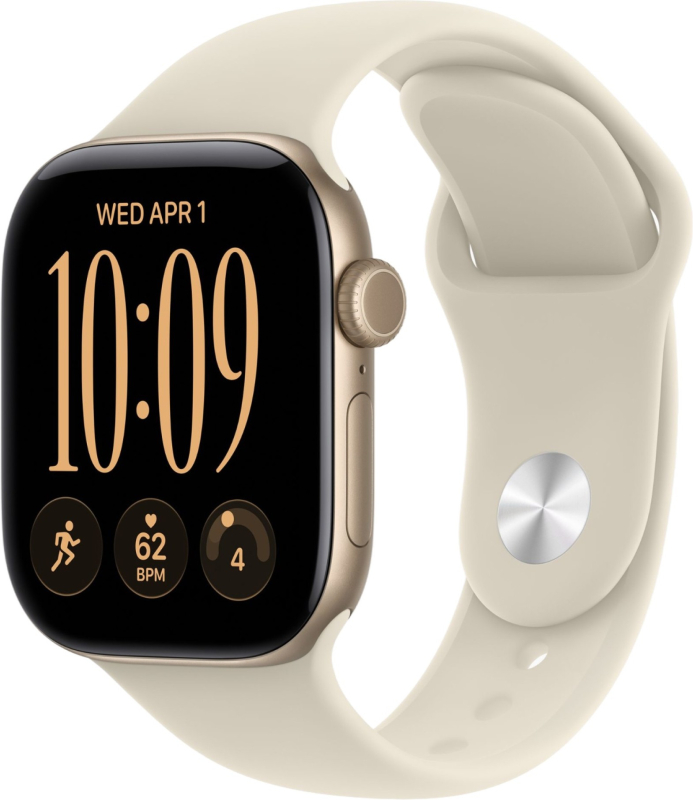 Apple Watch Series 12, 46 мм, корпус из алюминия цвета «светлое золото», спортивный ремешок песочного цвета