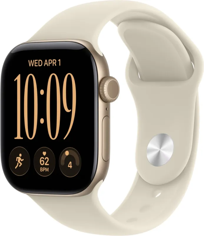 Apple Watch Series 12, 46 мм, корпус из алюминия цвета «светлое золото», спортивный ремешок песочного цвета