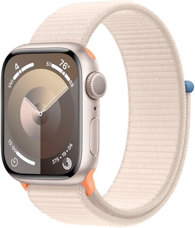 Apple Watch Series 9, 41 мм, корпус из алюминия цвета «сияющая звезда», спортивный ремешок Loop «сияющая звезда»