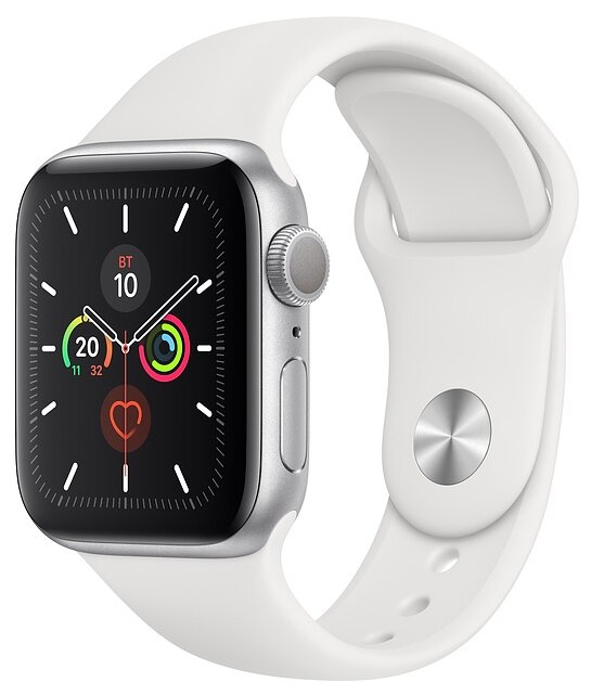 Apple Watch Series 5, 40 мм, корпус из алюминия серебристого цвета,  спортивный браслет белого цвета цена 30 490 р. в интернет магазине. Купить Apple  Watch Series 5, 40 мм, корпус из алюминия