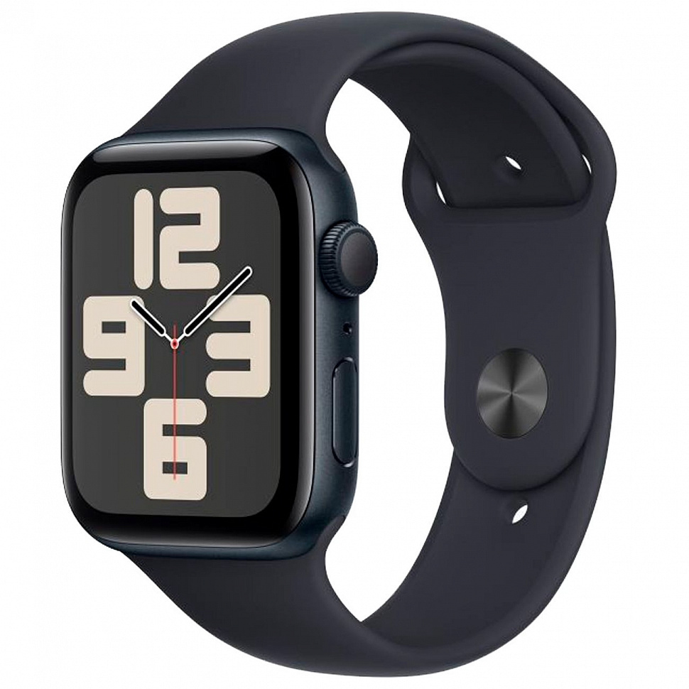 Apple Watch SE (2023), 44 мм, корпус из алюминия цвета «тёмная ночь», спортивный ремешок «тёмная ночь»