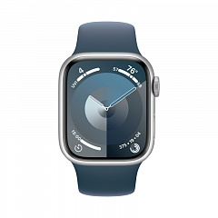 Apple Watch Series 9, 45 мм, корпус из алюминия серебристого цвета, спортивный ремешок цвета «грозовой синий»