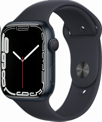 Apple Watch Series 7, 45 мм, корпус из алюминия цвета «тёмная ночь», спортивный ремешок «тёмная ночь»
