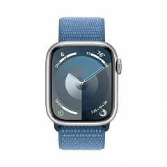 Apple Watch Series 9, 45 мм, корпус из алюминия серебристого цвета, спортивный ремешок Loop цвета «грозовой синий»