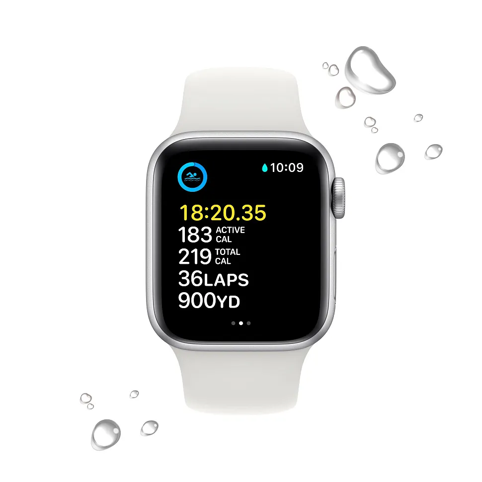 Apple Watch SE (2022), 40 мм, корпус из алюминия серебристого цвета, спортивный ремешок белого цвета