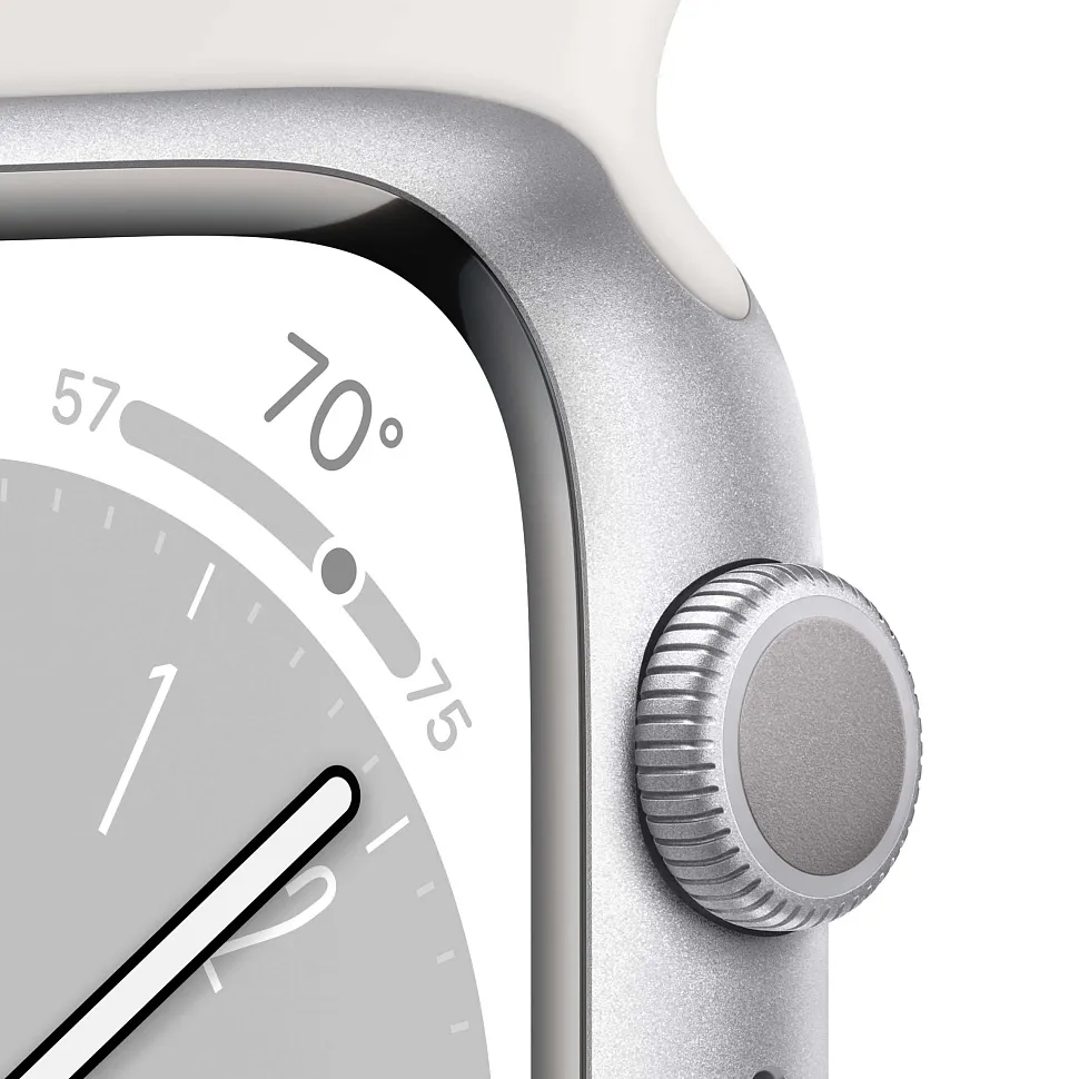 Apple Watch Series 8, 45 мм, корпус из алюминия серебристого цвета, спортивный ремешок белого цвета