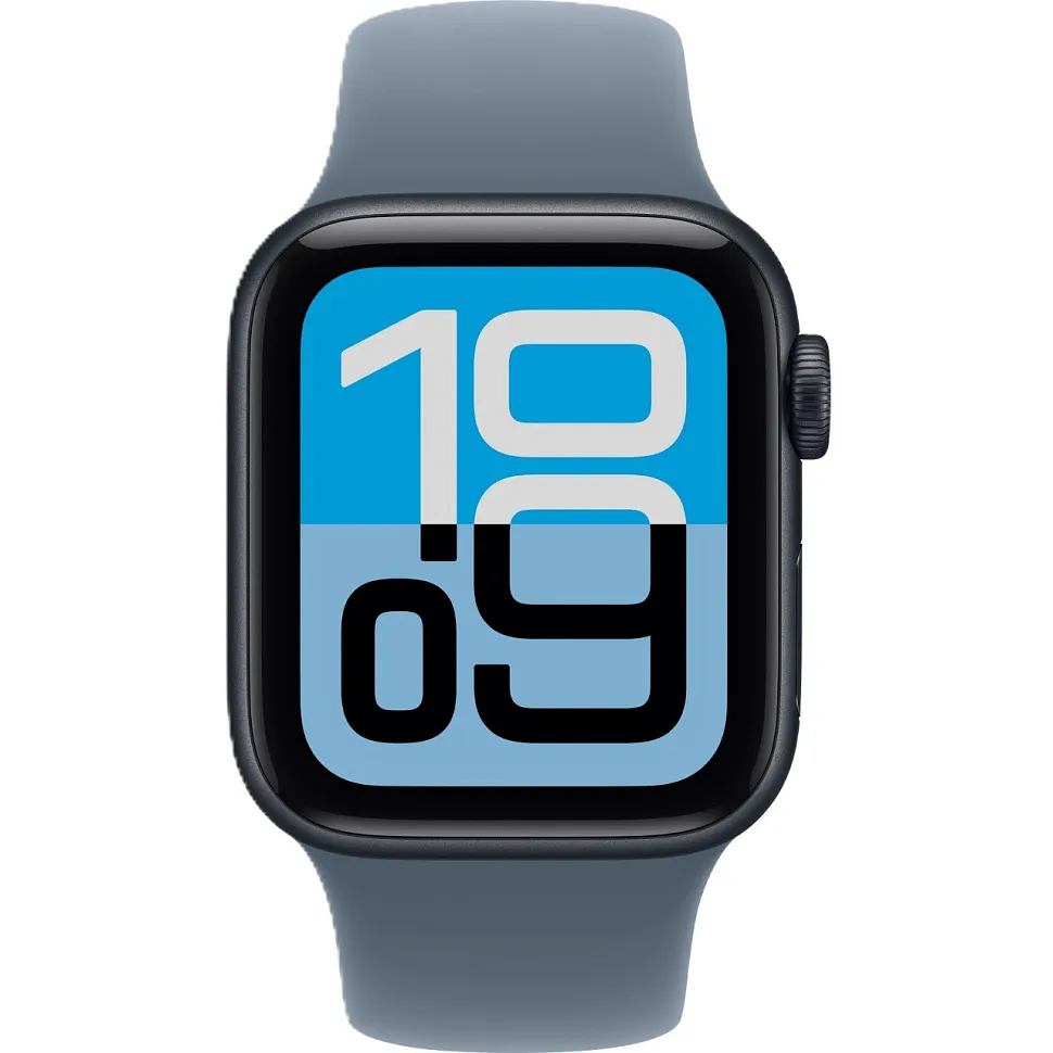 Apple Watch SE (2025), 44 мм, корпус из алюминия цвета «полуночный черный», спортивный ремешок цвета «якорный синий»