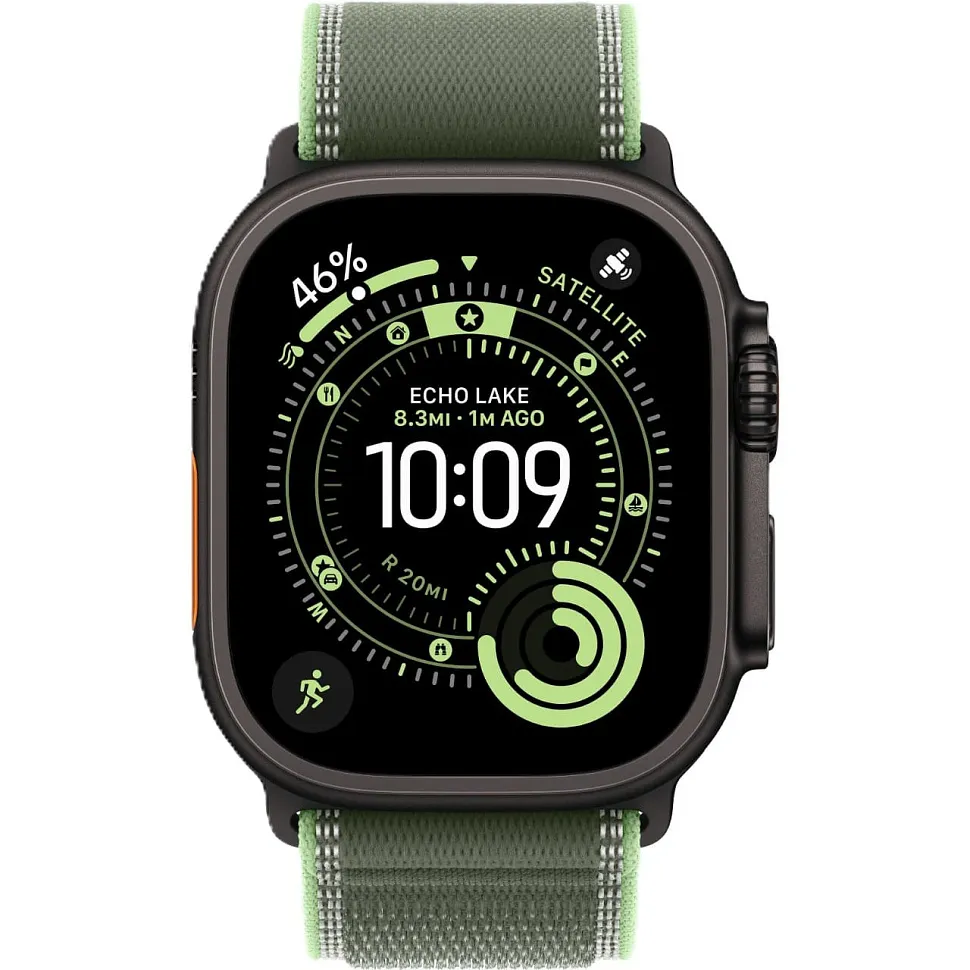 Apple Watch Ultra 3 GPS + Cellular, 49 мм, корпус из чёрного титана, ремешок Trail зелёного/неонового цвета