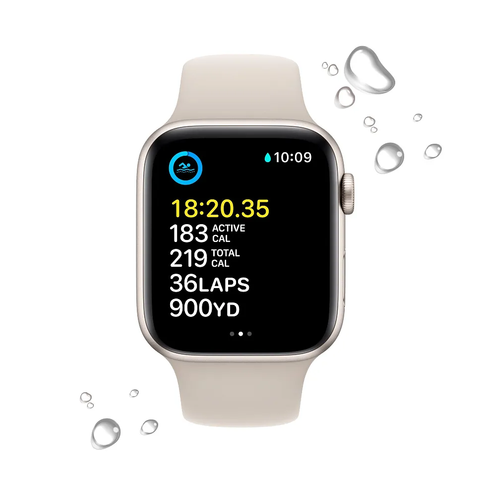 Apple Watch SE (2022), 44 мм, корпус из алюминия цвета «сияющая звезда», спортивный ремешок «сияющая звезда»